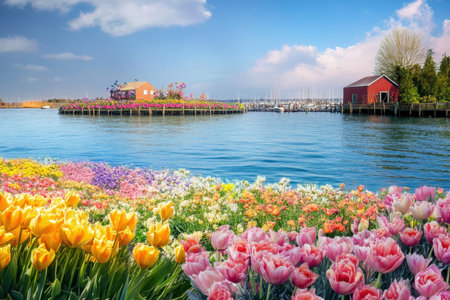 Vibrant tulip fields in various colors border a tranquil waterway with boats moored in the background.の写真素材
