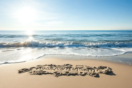 Intricate sand lettering appears on a tranquil beach during sunrise with waves gently washing ashore.の写真素材