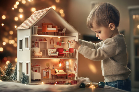 A young child is engaged in imaginative play, arranging furniture inside a dollhouse.の写真素材