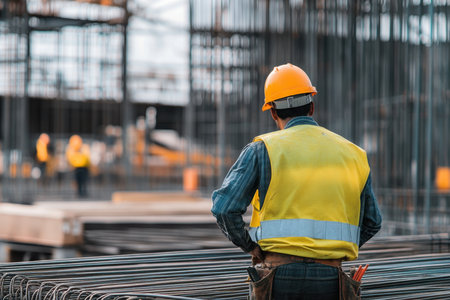 A construction worker in a yellow vest and hard hat observes the steel framework being erected on a bustling site.の写真素材