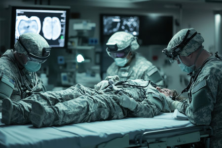 Skilled medical personnel administer urgent treatment to a wounded soldier under bright surgical lights.の写真素材