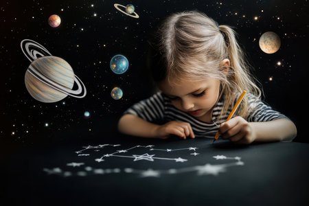 A young girl is focused on drawing constellations on a black surface, surrounded by colorful planets in space.の写真素材