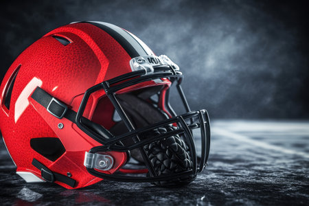 A red football helmet features a black facemask resting on a textured surface, illuminated in low light.の写真素材
