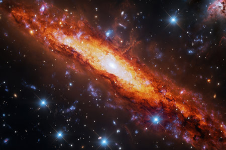 A vibrant spiral galaxy radiates bright colors as stars twinkle in the vastness of deep space.の写真素材