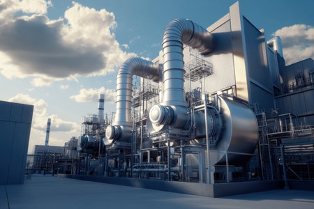 Large metallic pipes are prominently featured outside an industrial facility under a bright sky.の写真素材
