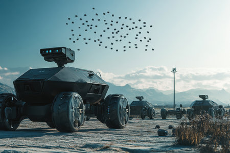 Robotic vehicles traverse a barren landscape as drones hover above, capturing data on a cloudy day.の写真素材