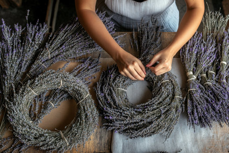 A person assembles lavender wreaths in a cozy workshop filled with aromatic herbs and natural materials.の写真素材