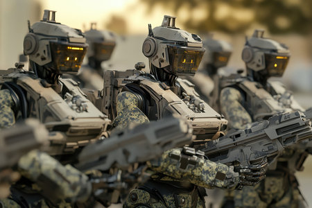 A line of advanced military robots stands ready, equipped with weapons, in a desert landscape at sunset.の写真素材