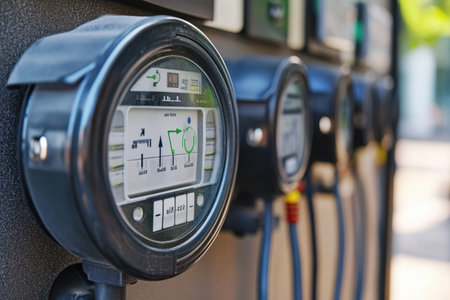 Energy meter indicates real-time power consumption levels at a utility facility on a sunny day.の写真素材