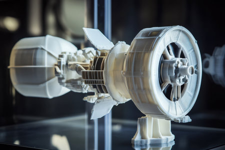 A robust model of a futuristic engine is showcased in a glass display case within a modern museum setting.の写真素材