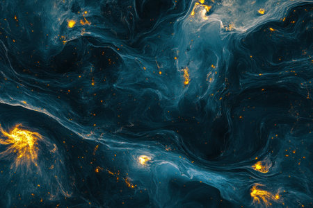 Swirling patterns of blue and gold create a mesmerizing cosmic abstract with a deep space ambiance.の写真素材