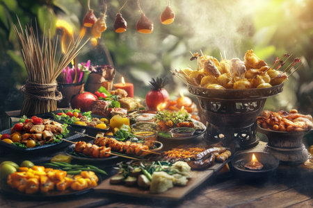 A vibrant assortment of various dishes displayed on wooden trays surrounded by lush greenery.の写真素材