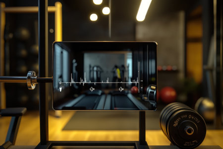 High-tech heart rate monitor shows data in a spacious gym with weightlifting gear and cardio machines.の写真素材