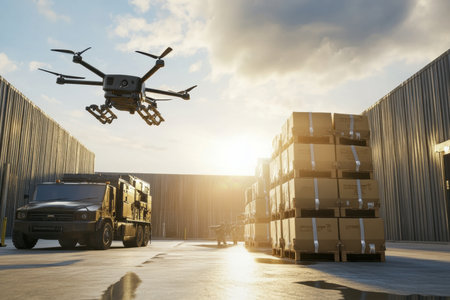 A drone hovers above stacked packages near a delivery vehicle at a logistics center during sunset.の写真素材