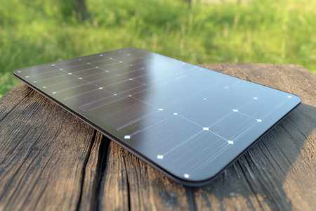 A solar panel rests on a wooden surface with lush green grass in the background, highlighting clean energy.の写真素材