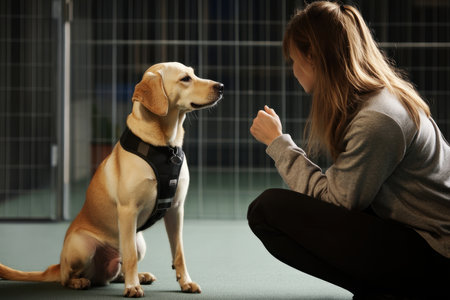 A trainer engages with a Labrador Retriever during a training session in a spacious facility.の写真素材