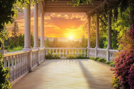 A stunning sunset casts warm colors across the sky, viewed from a scenic balcony adorned with blooming flowers.の写真素材