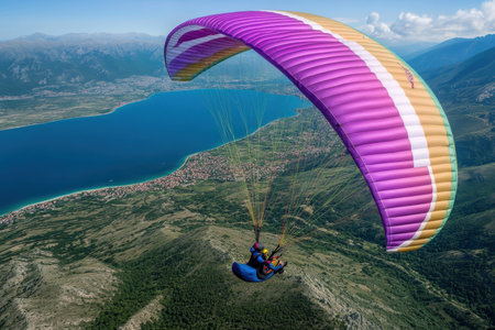Gliding above a beautiful lake and mountains, paraglider enjoys breathtaking views on a clear day.の写真素材