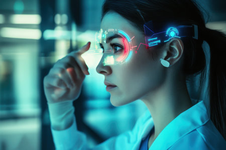 A woman in a lab coat interacts with a futuristic augmented reality device in a modern research laboratory.の写真素材