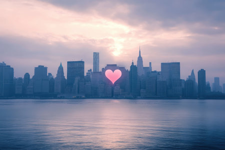 A glowing heart appears over the New York City skyline as the sun sets, casting a romantic atmosphere over the water.の写真素材