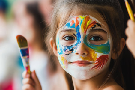 A young child with vibrant face paint beams joyfully, holding a paintbrush during a celebration.の写真素材
