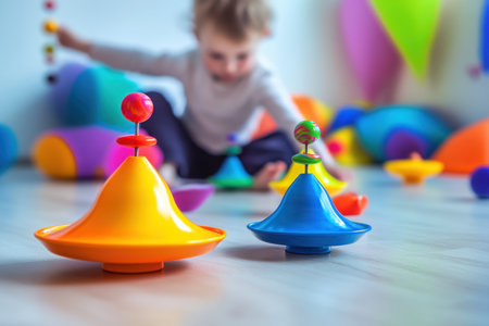 A child plays on the floor surrounded by colorful objects, focused on spinning vibrant tops in a cheerful setting.の写真素材