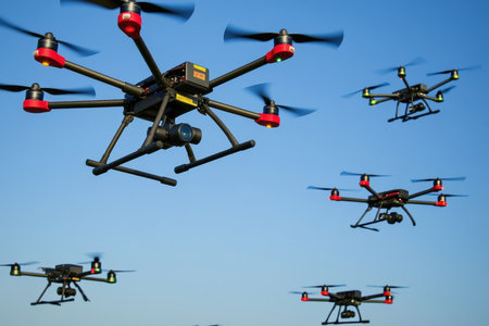 Multiple drones navigate through the sky, showing their capabilities during a technology exhibition or demonstration.の写真素材