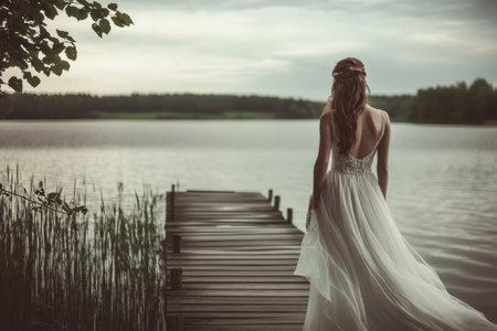 A bride in a flowing gown strolls along a wooden dock next to a tranquil lake under a cloudy sky.の写真素材