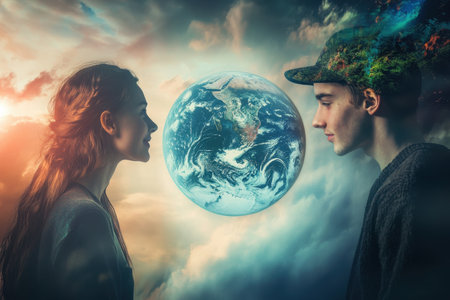 Two individuals engage in a thoughtful exchange amid a colorful cosmic backdrop featuring Earth.の写真素材