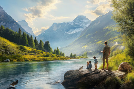 A man and three children admire the scenic river and mountains during a peaceful afternoon outdoors.の写真素材