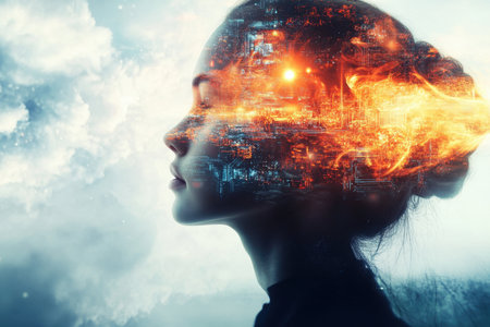 Profile of a woman merging with fiery digital visuals, surrounded by ethereal clouds, symbolizing creativity.の写真素材
