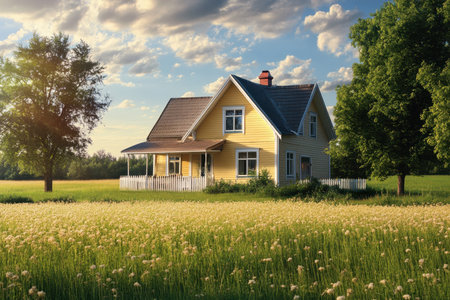 A charming yellow house stands amidst green fields, illuminated by soft afternoon sunlight with clouds overhead.の写真素材