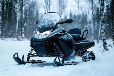A sleek snowmobile rests on untouched snow amid tall trees in a serene winter landscape.の写真素材