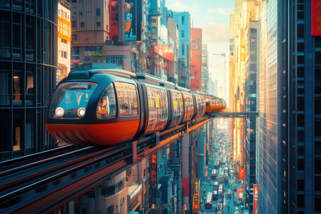 A sleek elevated train glides through a bustling urban area, surrounded by tall buildings at sunset.の写真素材