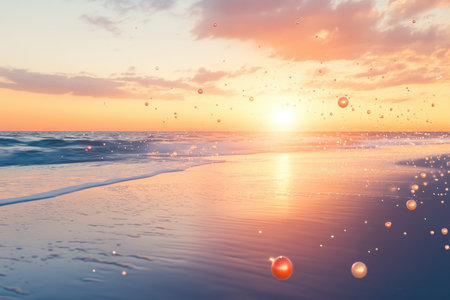 Soft hues of orange and pink fill the sky as the sun sets over calm ocean waters near the beach.の写真素材