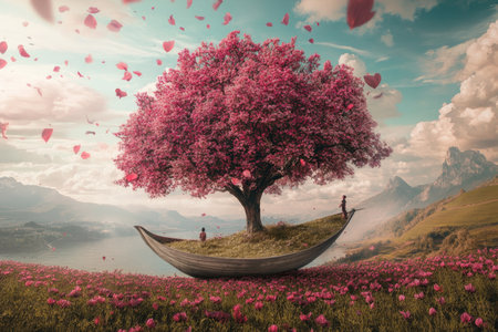 Two people stand on a wooden boat with a vibrant pink tree, petals falling in a tranquil lake setting.の写真素材