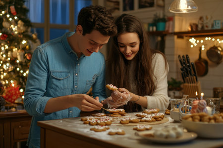 Two people joyfully decorate cookies together in a warmly-lit kitchen filled with festive decorations.の写真素材