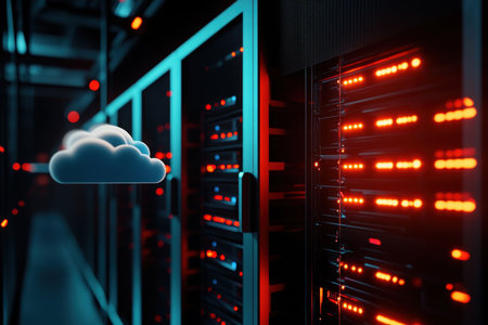 Illuminated servers in a dark data center setting with a cloud icon representing digital storage.の写真素材