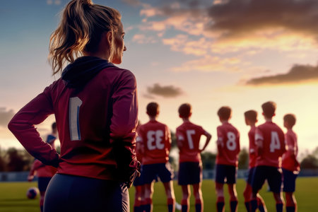 Players in red uniforms get ready for a soccer match as the sun sets in the background, creating a beautiful atmosphere.の写真素材