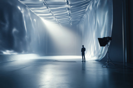 A person stands alone in a vast, well-lit studio, surrounded by reflective walls and an open atmosphere.の写真素材