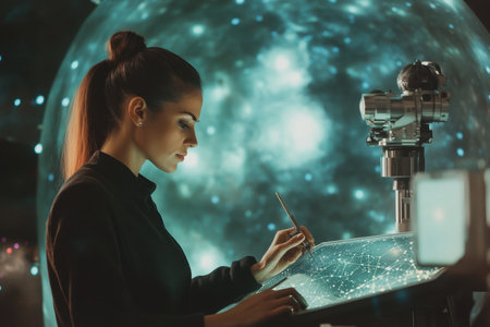 A woman is carefully tracing a celestial map while surrounded by glowing stars and cosmic imagery.の写真素材