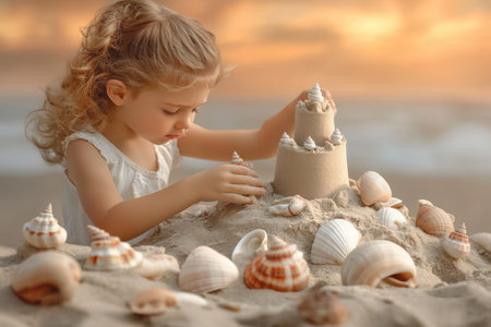 A young girl constructs a detailed sandcastle adorned with seashells while the sun sets over the ocean.の写真素材