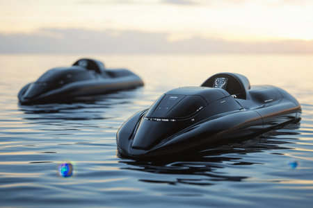 Two sleek watercraft navigate tranquil waters during a stunning sunset, showcasing advanced design and technology.の写真素材