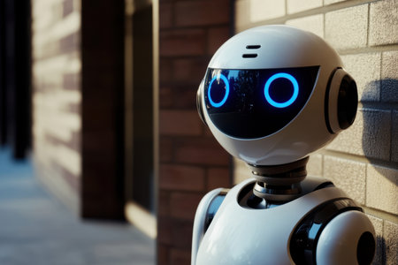A cheerful robot with glowing blue eyes leans against a brick wall in a bustling city, enjoying the day.の写真素材