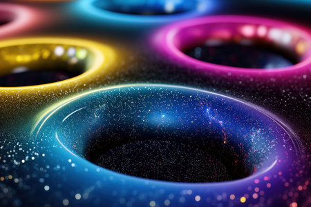 Bright, glowing orbs in vibrant colors float against a starry black background, creating an ethereal atmosphere.の写真素材