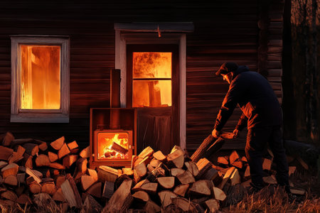 A man prepares firewood in front of a cozy cabin with glowing windows during twilight.の写真素材