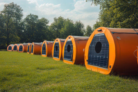 Bright orange eco pods equipped with solar panels are arranged neatly on a grassy area under a clear sky.の写真素材