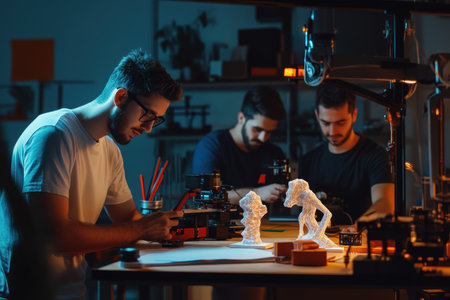 Artists are focused on crafting intricate sculptures in a well-equipped studio filled with art tools.の写真素材