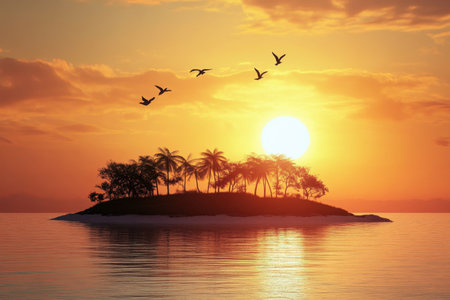 Colorful sunset illuminates a peaceful tropical island surrounded by calm water and flying birds overhead.の写真素材