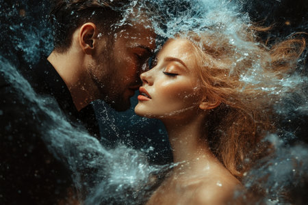 A couple embraces underwater, lost in a tender moment, surrounded by flowing water and soft bubbles.の写真素材